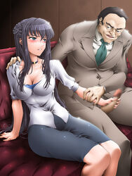 blue_eyes blush choker couch gundam gundam_00 handjob highres marina_ismail penis