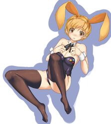 blonde_hair breasts brown_eyes bunny_ear bunnysuit cleavage feet large_breasts persona persona_4 pro satonaka_chie short_hair thighhighs wrist_cuffs