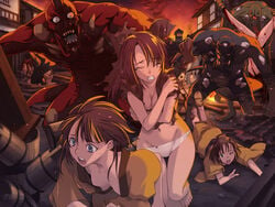 4boys 4girls blood blue_eyes bottomless brown_hair caught censored cleavage clenched_teeth closed_eyes clothing covering covering_breasts crossed_arms demon destruction down_blouse feet fire game_cg gore guro imminent_rape interspecies leg_grab legs_held_open long_tongue lowleg lowleg_panties medium_breasts monster multiple_girls navel no_pants nude oni open_mouth orion orion_(orionproject) panties rance_(series) reaching_out red_oni scared sengoku_rance sex spread_legs tears toes torn_clothes tripping underwear upside-down white_panties