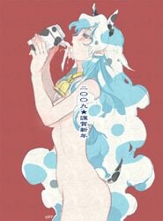 animal_ear animal_ears bell blush cow_girl cow_print cowbell curly_hair hands long_hair milk multicolored_hair naughty_face new_year nia_teppelin nude sexually_suggestive tail tengen_toppa_gurren-lagann tengen_toppa_gurren_lagann tongue very_long_hair yuriko_(kkk9) yuriko_(pixiv63067)