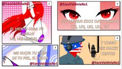 1boy 1girls big_breasts bikini comic comic_page countryhumans countryhumans_girl peru_(countryhumans) puerto_rico_(countryhumans) red_eyes saravaldiviaro1 small_image spanish_text text white_body white_skin