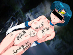 2008 ami_mizuno bishoujo_senshi_sailor_moon blue_hair body_writing breasts censored elbow_gloves female female_only genka_ichien gloves human identity_censor nipples nude pussy sailor_mercury small_breasts solo tally tally_marks tan tears translated