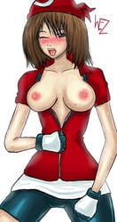 bandana bike_shorts breasts erect_nipples female female_only human human_only may_(pokemon) nipples pokemon pokemon_rse red_bandana shorts solo straight_hair sweat tongue wez