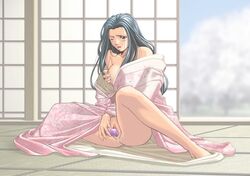 barefoot breast_grab breasts censored fusuma_(door) game_cg japanese_clothes milf spread_legs tatami vibrator wink