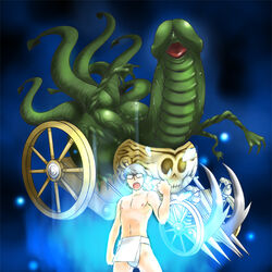 2boys duo fundoshi glasses male male_only mara_(megami_tensei) megami_tensei monophallia narukami_yu penis penis_creature penis_head persona persona_4 seta_souji silver_hair tentacle yan_ton