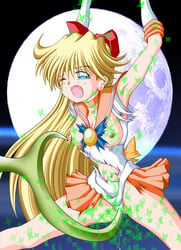 bishoujo_senshi_sailor_moon blonde_hair blue_eyes bow breasts butterflies clothing female hairbow human long_hair minako_aino moon nipples rape ryusaiku sailor_venus skirt small_breasts straight_hair torn_clothes wince