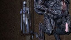 3d 3d_(artwork) alien blue_skin caged female kneeling large_breasts liara_t'soni long_ponytail male mass_effect penis yahg