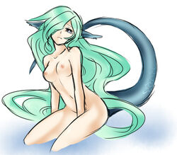 1girls anthro blue_eyes breasts costume eeveelution female fins fish_tail green_hair hair_over_one_eyes kituneno-lullaby konshin long_hair monster_girl nintendo nipples nude personification pokémon_(species) pokemon pokemon_(species) pokemon_rgby scales simple_background sitting small_nipples solo tail vaporeon very_long_hair water white_background