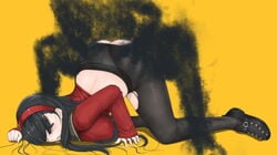 amagi_yukiko ass back black_eyes black_hair black_legwear blush breasts crotch_seam erect_nipples female forced hairband highres insertion large_breasts libre loafers long_hair monster open_mouth panties panties_aside panties_under_pantyhose pantyhose persona persona_4 rape saliva sex shadow_(persona) shoes simple_background solo tears top-down_bottom-up torn_pantyhose underwear yellow_background