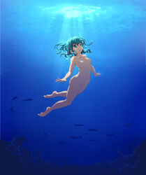 aqua_hair barefoot fish freediving legs mousoup nude original skinny_dipping sunbeam sunlight uncensored underwater