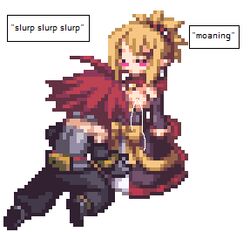 1boy 1girls adell disgaea disgaea_2 english_text hetero large_breasts lowres nippon_ichi_software non-web_source pixel_art rozalin straight white_background