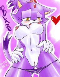 alternate_body_type anthro blaze_the_cat blush breasts cat feline female female_only fur furry furry_only gloves heart katsuke mammal navel nipples open_mouth panties panty_pull ponytail purple_hair purple_panties purple_thong pussy sega solo sonic_(series) straight_hair tied_hair underwear