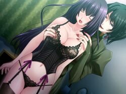 2girls big_breasts black_hair blue_hair breast_grab breasts bustier closed_eyes female game_cg lingerie multiple_girls nail_polish open_mouth sayoko_(game) sayoko_(yami_no_koe) see-through sheer short_hair smile yuri