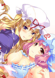 2girls blonde_hair blush bow bra breast_grab breast_press breasts cum cum_on_body cum_on_breasts cum_on_upper_body facial frilled_bra frills hairbow hat himukai_kyousuke long_hair looking_at_viewer lying multiple_girls pink_hair purple_eyes touhou underwear yukari_yakumo yuyuko_saigyouji