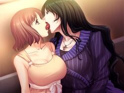 2girls black_hair breasts brown_hair female game_cg kissing large_breasts multiple_girls open_eyes open_mouth saliva sayoko_(game) sayoko_(yami_no_koe) short_hair tongue yuri