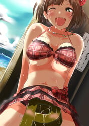 :d animal_ears beach bikini blush breasts brown_hair cleavage cloud collarbone cunnilingus cute_fang female green_eyes hair_ornament idolmaster idolmaster_cinderella_girls jewelry maekawa_miku necklace open_mouth oral producer_(idolmaster) pussy_juice sakamoto-cat saliva sand short_hair sky smile solo_focus sweat swimsuit underboob wink