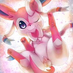 abstract_background balls bow canine cute eeveelution feral generation_6_pokemon looking_at_viewer male male_only mammal nintendo nude one_closed_eye pawpads penis pokemon pokemon_(species) precum ruugiaruu sheath smile solo sylveon video_games