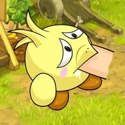 1boy aliasing beakjob blush disembodied_penis dofus hair hair_tuft half-closed_eyes interspecies looking_up male oral_sex outside penis saliva sex size_difference tofu video_games