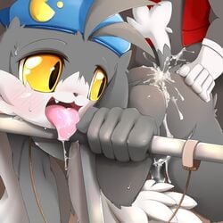 5_fingers :d anal anal_sex anthro bent_over black_nose black_skin blush close-up cum cum_in_ass cum_inside cum_on_ass cum_on_stomach cum_string drooling feline from_behind fur furry gay gloves grasp grey_background grey_fur hand_on_ass happy hat headgear hi_res japanese klonoa klonoa_(series) lying male messy namco nipples no_humans nude on_back open_mouth orgasm pac-man pac-man_(series) penetration pink_skin plain_background raised_arm saliva sex shadow sharp_teeth shiny smile sweat teeth tongue tongue_out unknown_artist vest video_games white_fur