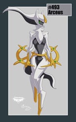 2011 anthro arceus black_skin breasts english_text female green_sclera grey_background looking_away nintendo nipples notorious84 number plain_background pokemon pussy red_eyes shadow shiny skin smile solo standing text video_games white_skin