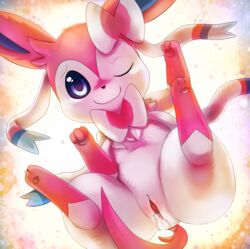 abstract_background bow canine eeveelution female feral generation_6_pokemon looking_at_viewer mammal nintendo nude one_closed_eyes pawpads pokemon pokemon_(species) pussy pussy_juice ruugiaruu smile solo sylveon video_games zoophilia