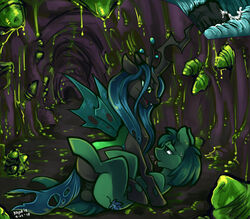 2013 balls cave changeling cowgirl_position cutie_mark duo equine female friendship_is_magic green_eyes green_fur green_hair hair horn horse kayla-na lying male my_little_pony on_back original_character pony queen_chrysalis_(mlp) sex signature smooth_skin straight suo wings