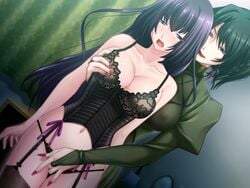 2girls big_breasts black_hair blue_hair breast_grab breasts bustier female fingering game_cg lingerie multiple_girls nail_polish nipples open_mouth sayoko_(game) sayoko_(yami_no_koe) see-through sheer short_hair smile yuri