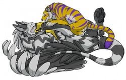 2013 ambiguous_gender avian balls bird blush closed_eyes cum feline feral gryphon lying male on_back purple_markings sex spread_legs spreading tiger toradoshi wings yellow_fur