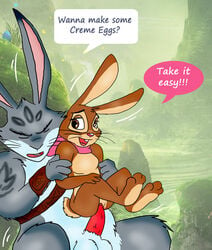 1boy 1boy1girl 1girls bow bunnymund cadbury cadbury_bunny crossover english english_text female furry lagomorph mascot penetration penis pussy rabbit rise_of_the_guardians sex speech_bubble straight text vaginal_penetration