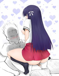 ass baka_to_test_to_shoukanjuu blush breasts cowgirl_position feet female hair_ribbon heart highres kirishima_shouko libre long_hair male nipples no_panties no_shoes open_clothes open_shirt penis purple_hair ribbon sakamoto_yuji sex skirt socks straight uncensored