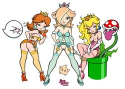 2013 3girls ass blonde_hair blue_eyes boo_(mario) breasts brown_hair female hair high_heels human jive_guru lingerie luma mario_(series) multiple_girls nintendo piranha_plant princess_daisy princess_peach princess_rosalina stockings topless uncensored warp_pipe