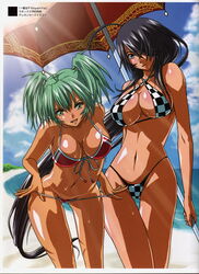 2girls black_hair blue_eyes blush green_eyes green_hair ikkitousen kanu_unchou looking_at_viewer ryofu_housen smile swimsuit tanline