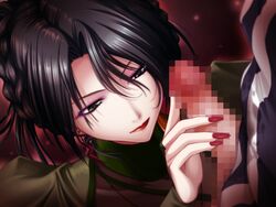 black_hair censored closed_mouth clothed game_cg nail_polish penis_grab sayoko_(game) sayoko_(yami_no_koe) short_hair