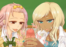 1boy 2girls blonde_hair blue_eye_shadow blue_eyes bow brown_eyes dark-skinned_female dark_skin ffm_threesome foreskin_stretching handjob interracial jacket light-skinned_female light-skinned_male light_skin lilije_drug_(mam_melon) looking_at_penis onnanoko_no_jikan_wo_tomeyou_to_omotta_ra_ore_ga_tomatta pink_hair school skirt sweater threesome tongue tongue_out