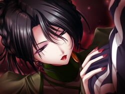 black_hair clothed game_cg nail_polish open_mouth penis_grab pointy_chin sayoko_(game) sayoko_(yami_no_koe) short_hair