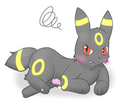 blush cum erection fur furry_ears furry_tail hindpaw looking_at_viewer lying male male_only nintendo on_side pawpads paws penis plain_background pokemon ruua solo tail umbreon video_games white_background