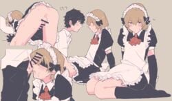 2boys akira_kurusu artist_request atlus black_hair blindfold brown_hair crossdressing femboy gay goro_akechi joker_(persona) maid_uniform megami_tensei persona persona_5 ren_amamiya spread_ass tagme yaoi