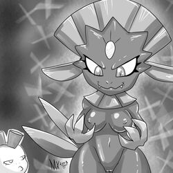 2013 anthro breasts erect_nipples female grin monkeyxflash monochrome nintendo nipples pokemon pussy scrafty smile video_games weavile