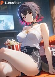 1girls ai_generated alternate_costume bedroom big_ass big_breasts big_butt big_thighs black_hair black_shorts eating eating_food ellen_joe female female_focus female_only hoyoverse legs_crossed looking_at_viewer lunealter mature_female mihoyo multicolored_hair orange_eyes pale-skinned_female pale_skin popcorn red_nails sfw shark_girl shark_tail short_hair sitting thick_ass thick_butt thick_legs thick_thighs white_shirt zenless_zone_zero