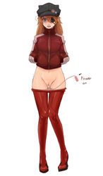 asuka_langley_sohryu blue_eyes brown_hair clothed_masturbation clothing english eyepatch female female_only hair hands_in_pockets hat human jacket justeeeeth long_hair masturbation neon_genesis_evangelion open_mouth panties plugsuit pussy rebuild_of_evangelion simple_background solo trembling uncensored vibrator white_background