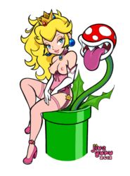 2013 blonde_hair blue_eyes breasts crown female gloves jive_guru lingerie mario_(series) nintendo pin_up piranha_plant princess_peach stockings topless warp_pipe