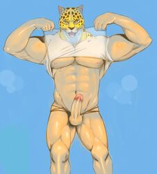 1boy balls biceps bodybuilder cheetah clothing erection feline flexing guin guin_saga male male_only muscles nude penis solo