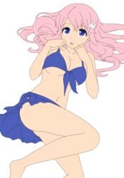 baka_to_test_to_shoukanjuu bikini blue_eyes breasts female hair_ornament hairclip highres himeji_mizuki legs long_hair lying open_mouth photoshop pink_hair swimsuit thighs vector_trace white_background