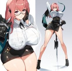 absurdres adversarial_noise black-framed_eyewear black_gloves black_skirt blush breasts commentary_request female full_body glasses gloves gradient_background grey_background highres holding holding_weapon large_breasts long_hair looking_at_viewer multiple_views negresco parted_lips pink_hair purple_eyes semi-rimless_eyewear shirt skirt smile standing tsukishiro_yanagi under-rim_eyewear weapon white_shirt zenless_zone_zero