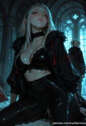 2girls after_sex ai_generated bangs belt black_bra black_choker black_jacket black_pants blonde_hair blue_eyes bra bracelet breasts choker cleavage collarbone cum cum_on_clothes cumdrip cynthia_(pokemon) earrings fake_art fur-trimmed_jacket fur_trim hair_ornament indoors jacket jewelry kermixx kneeling leather_pants lips long_hair looking_at_viewer medium_breasts multiple_girls navel open_clothes open_jacket pants parted_lips shiny_clothes solo_focus underwear wet white_hair window