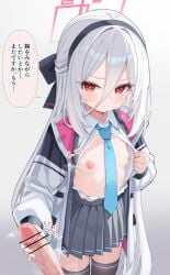 1boy bar_censor black_hairband black_jacket black_skirt black_thighhighs blazer blue_archive blue_necktie breasts censored closed_mouth commentary_request daru_daru_d female hair_between_eyes hairband halo handjob highres jacket kei_(blue_archive) kei_(new_body)_(blue_archive) long_hair long_hair_between_eyes looking_at_viewer miniskirt mosaic_censoring necktie nipples open_clothes open_jacket open_shirt penis pink_halo pleated_skirt rectangular_halo red_eyes shirt simple_background skirt small_breasts solo_focus speech_bubble straight thighhighs translation_request white_hair white_jacket white_shirt
