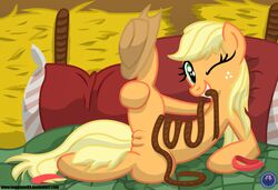 applejack_(mlp) cowboy_hat earth_pony equine female female_only freckles friendship_is_magic fur hat haystack my_little_pony one_closed_eye pony pussy rope smooth_skin solo template93 wink