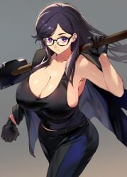 absurdres belt black-framed_eyewear black_belt black_gloves black_hair black_pants black_tank_top breasts cleavage clenched_hand closed_mouth female from_above glasses gloves grey_background hammer highres holding holding_hammer huge_breasts jacket jacket_on_shoulders long_hair minakata_hizuru mole mole_under_mouth negresco pants purple_eyes sledgehammer standing summertime_render swept_bangs tank_top