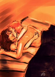 bncares female harry_potter hermione_granger human in_bed male romantic ron_weasley straight under_covers