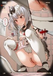 animal_ear_fluff anus azur_lane bar_censor black_bow black_sailor_collar black_shoes black_skirt bow brown_eyes censored closed_mouth commentary_request female female_pubic_hair frilled_thigh_strap grey_hair hairbow hand_on_own_knee hidden_camera highres indoors kapurikon panties panty_pull pee_stain petticoat pubic_hair pussy sailor_collar school_uniform serafuku shirt shoes skirt sleeveless sleeveless_shirt solo speech_bubble squat_toilet squatting striped_clothes striped_panties thigh_strap thighhighs timestamp toilet_stall toilet_use translation_request underwear voyeurism white_shirt white_thighhighs yukikaze_(azur_lane)